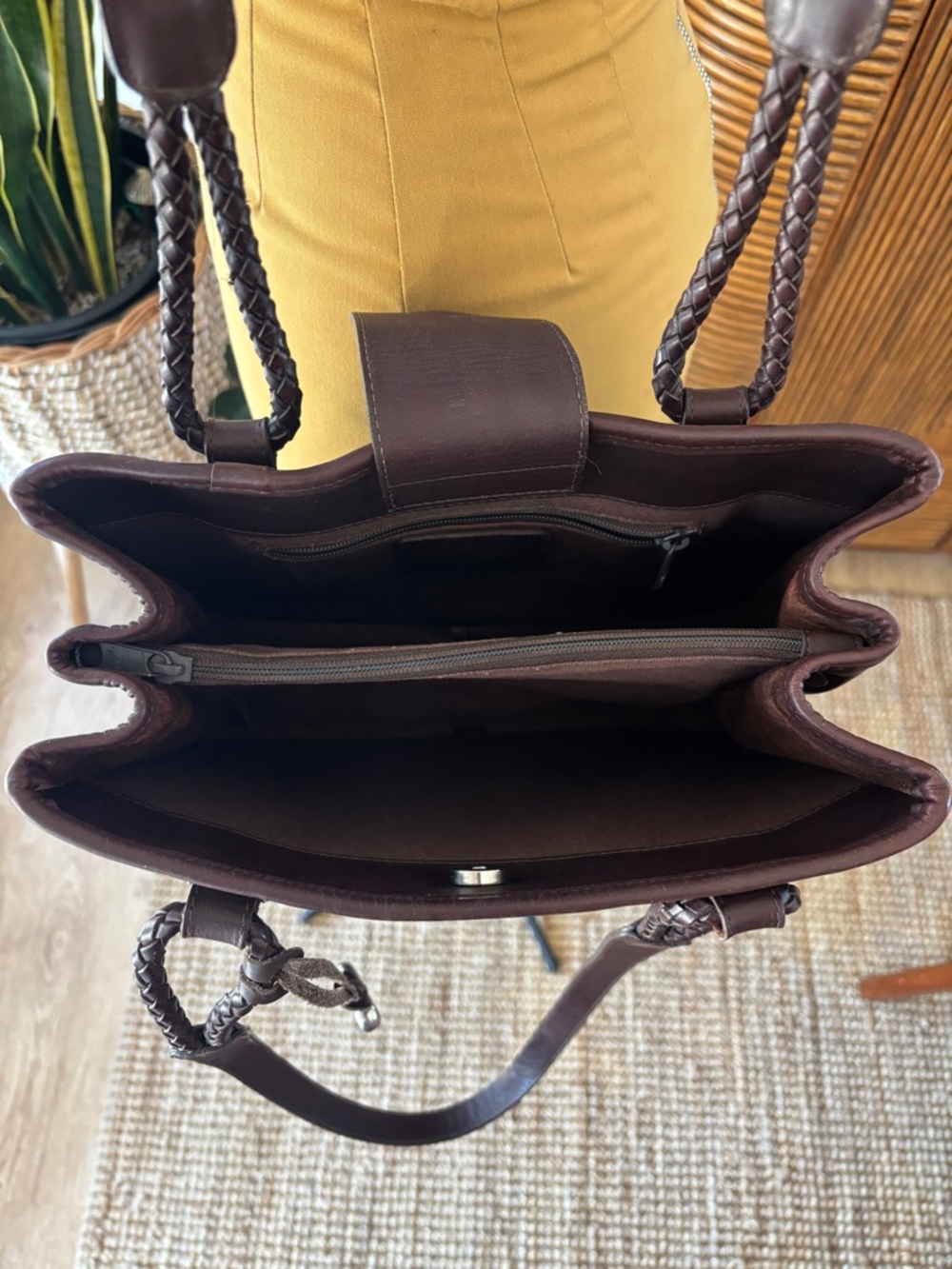 Dark Brown Brighton Woven Leather Tote Bag with Braided Handles & Heart Charm - Picture 12 of 15